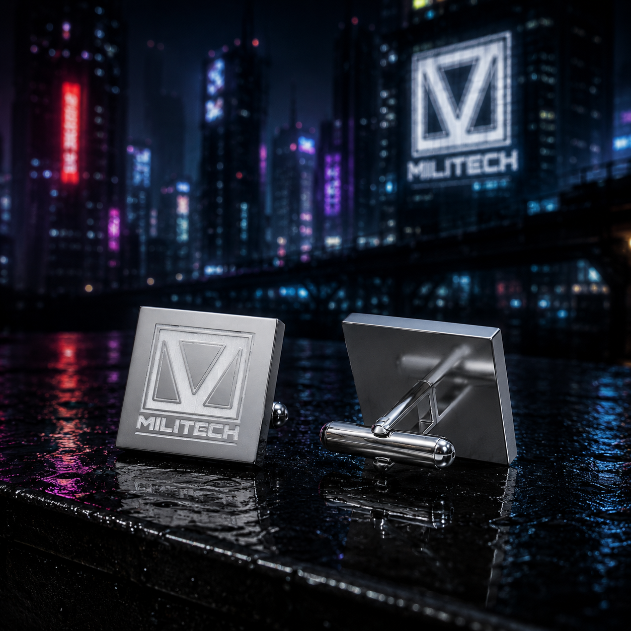 Militech Corporate Cufflinks, Cyberpunk Inspired Square Cufflinks, Silver Finish Formal Accessories, Gamer Gift