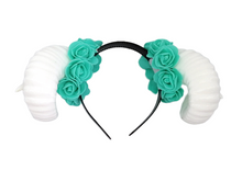 Load image into Gallery viewer, White Ram horns with teal flowers
