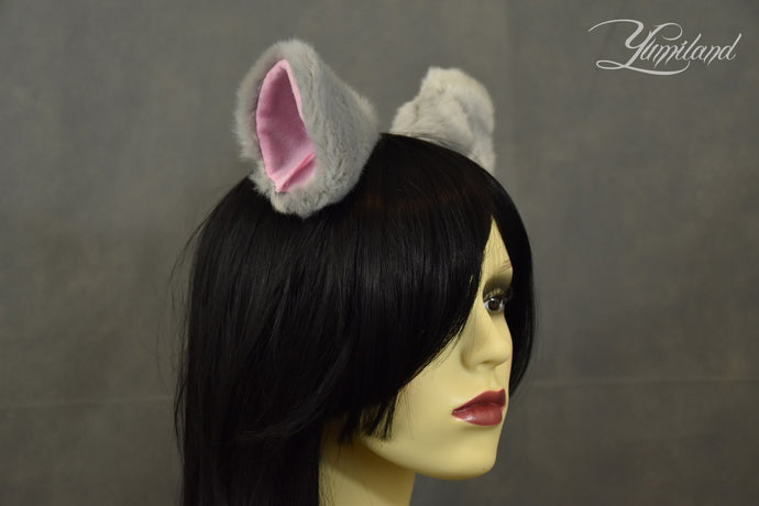 Fluffy Grey/Pink Clip on Ears